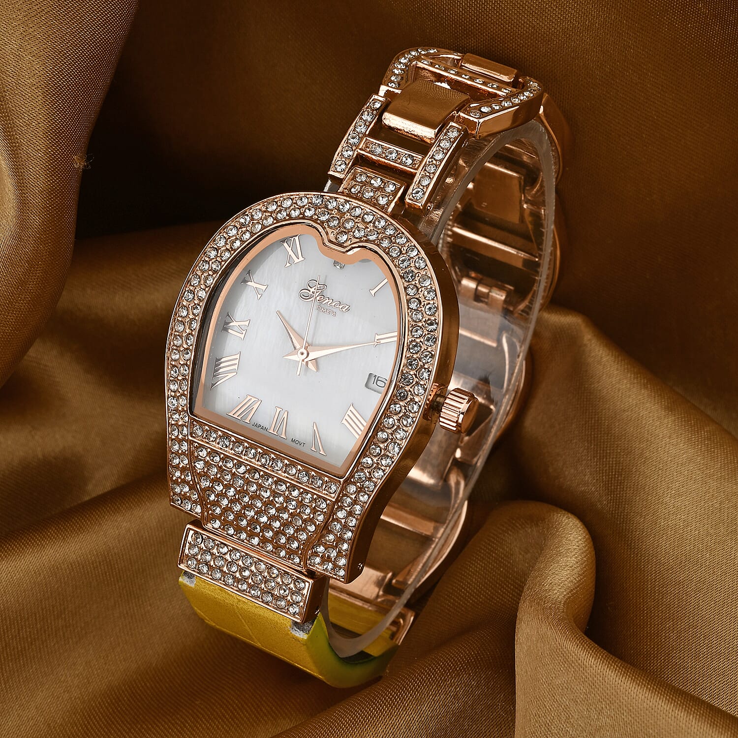 GENOA TIME V2 Seiko VJ32 with Date Japan Movement 3ATM Water Resistant White Crystal MOP Dial Watch with Yellow Leather & Alloy Strap